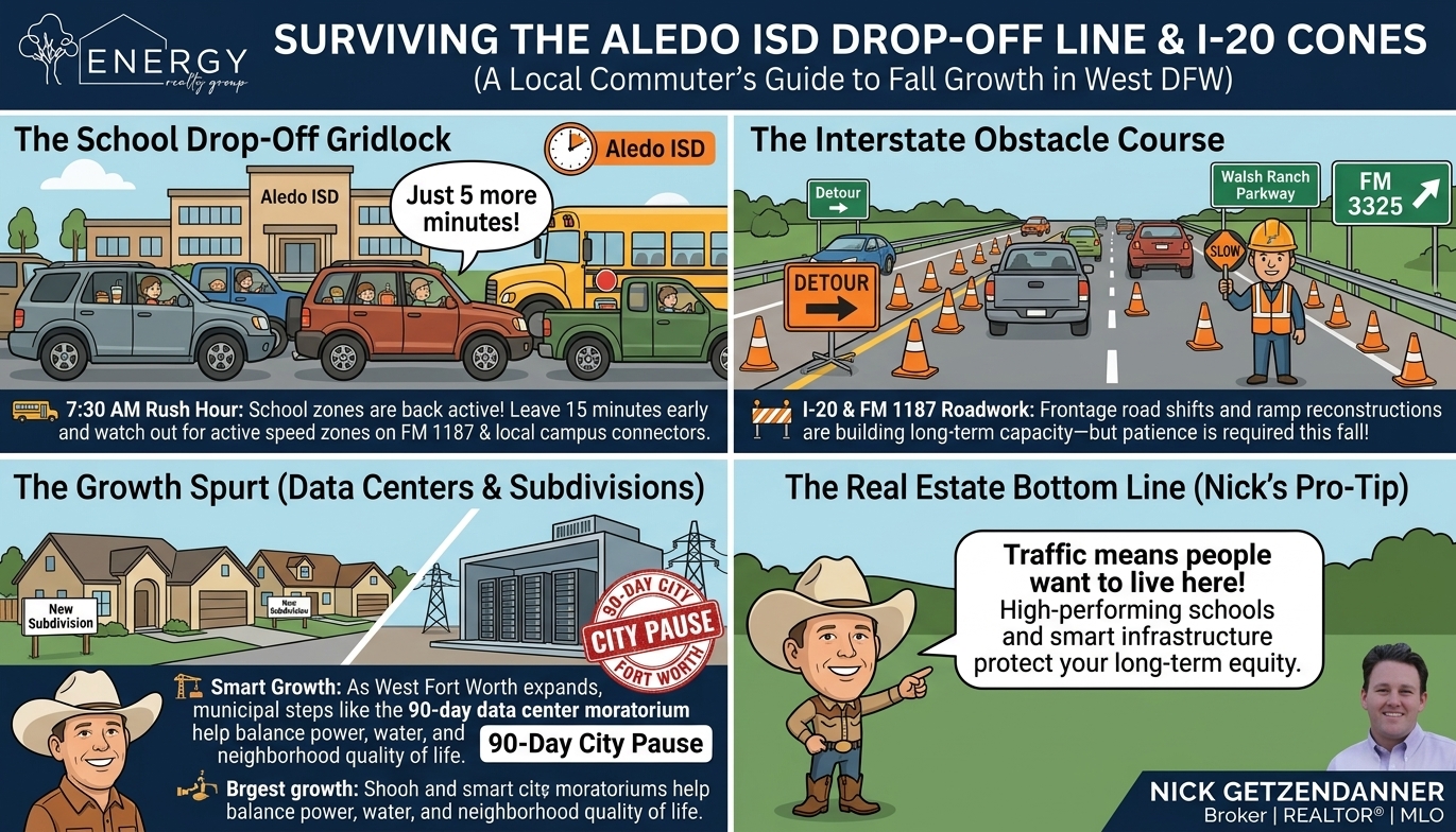 Aledo ISD school drop-off traffic tips and I-20 roadwork commuter infographic by Energy Realty Group Managing Broker Nick Getzendanner serving Parker County and West Fort Worth.