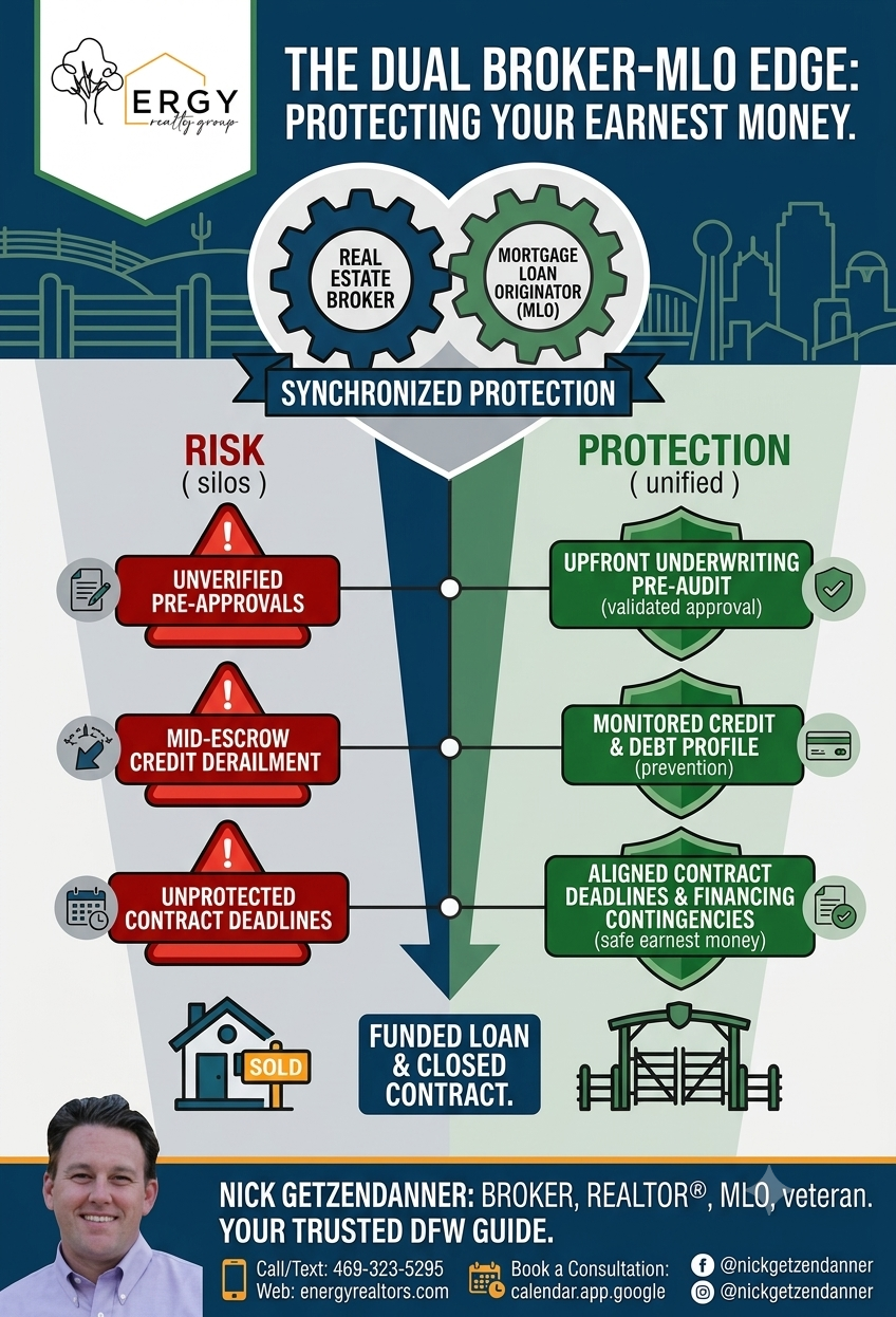 Infographic displaying the 2026 Fort Worth real estate forecast and how the Dual Broker-MLO process protects earnest money and synchronizes home buys.