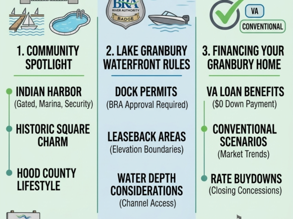Lake Granbury waterfront real estate guide infographic covering dock permits, leaseback boundaries, and VA loan options by Energy Realty Group Managing Broker Nick Getzendanner.