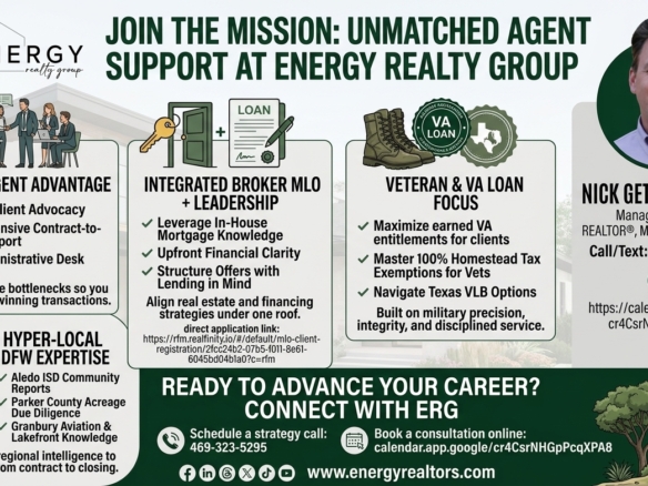 Join Energy Realty Group recruiting infographic outlining agent splits, in-house mortgage originations, and local DFW real estate support in Aledo, Weatherford, Granbury, and Fort Worth.