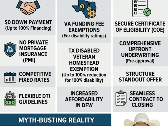 Infographic summarizing VA loan advantages for Texas veterans, including zero down payment, no PMI, Funding Fee exemptions, and Texas property tax savings, provided by Nick Getzendanner of Energy Realtors.