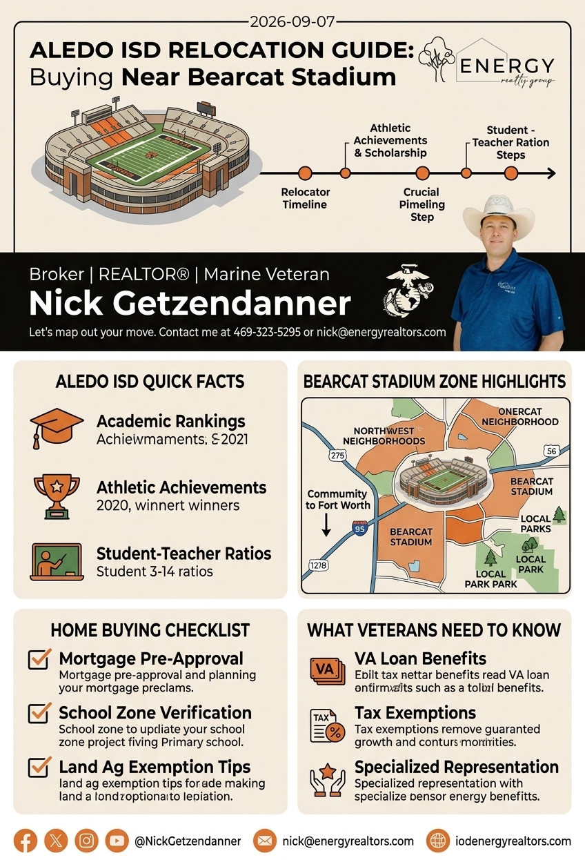 Aledo ISD Relocation Guide Infographic showing Bearcat Stadium zone highlights, quick school facts, buyer checklist, and VA loan tips by Nick Getzendanner ENERGY Realty Group