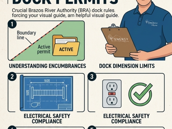 Infographic for Granbury waterfront real estate showing Brazos River Authority BRA boat dock rules, encumbrance permits, electrical safety compliance, and structure restrictions by ENERGY Realty Group