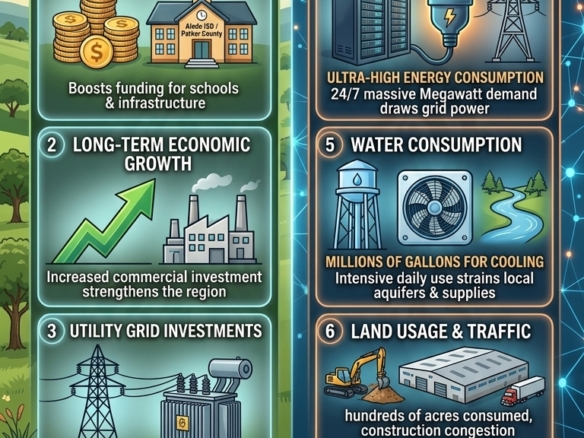 Infographic titled "DFW Data Centers: Real Estate Impact" by Energy Realty Group detailing the economic benefits (tax revenue, growth, utility investments) and required considerations/downsides (power usage, water consumption, land usage and traffic) of local data center developments, featuring Marine Veteran & Broker Nick Getzendanner.