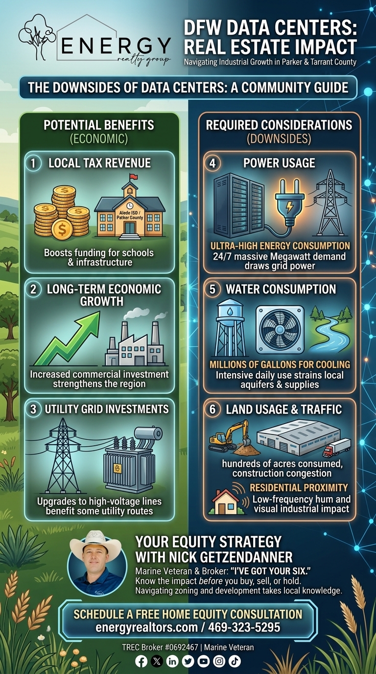Infographic titled "DFW Data Centers: Real Estate Impact" by Energy Realty Group detailing the economic benefits (tax revenue, growth, utility investments) and required considerations/downsides (power usage, water consumption, land usage and traffic) of local data center developments, featuring Marine Veteran & Broker Nick Getzendanner.