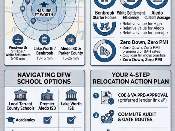 Infographic for NAS JRB Fort Worth off-base housing guide showing DFW commute times, BAH purchase power, school zone options, and 4-step PCS action plan by Nick Getzendanner ENERGY Realty Group
