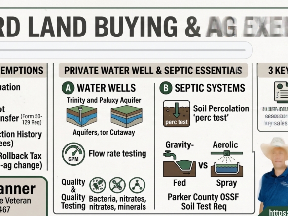 Infographic for Weatherford land buying and Parker County ag exemptions covering 1-d-1 special valuation, water well flow testing, OSSF septic soil tests, and buyer action items by Nick Getzendanner ENERGY Realty Group