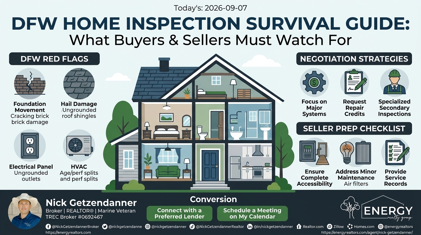 Infographic for DFW Home Inspection Survival Guide featuring red flag warnings for clay soil foundation cracking and hail roof damage, repair negotiation strategies, and pre-inspection seller checklist by Nick Getzendanner ENERGY Realty Group