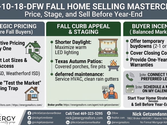 Infographic for DFW fall home selling masterclass breaking down strategic pricing, autumn curb appeal, staging tips, and seller-paid rate buydowns by Nick Getzendanner ENERGY Realty Group