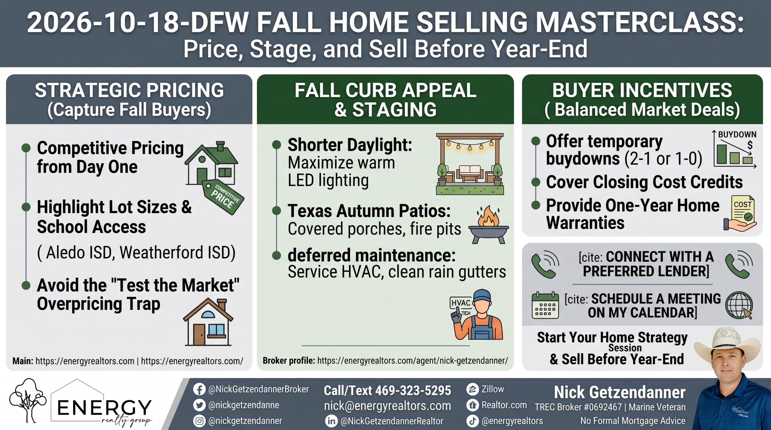 Infographic for DFW fall home selling masterclass breaking down strategic pricing, autumn curb appeal, staging tips, and seller-paid rate buydowns by Nick Getzendanner ENERGY Realty Group