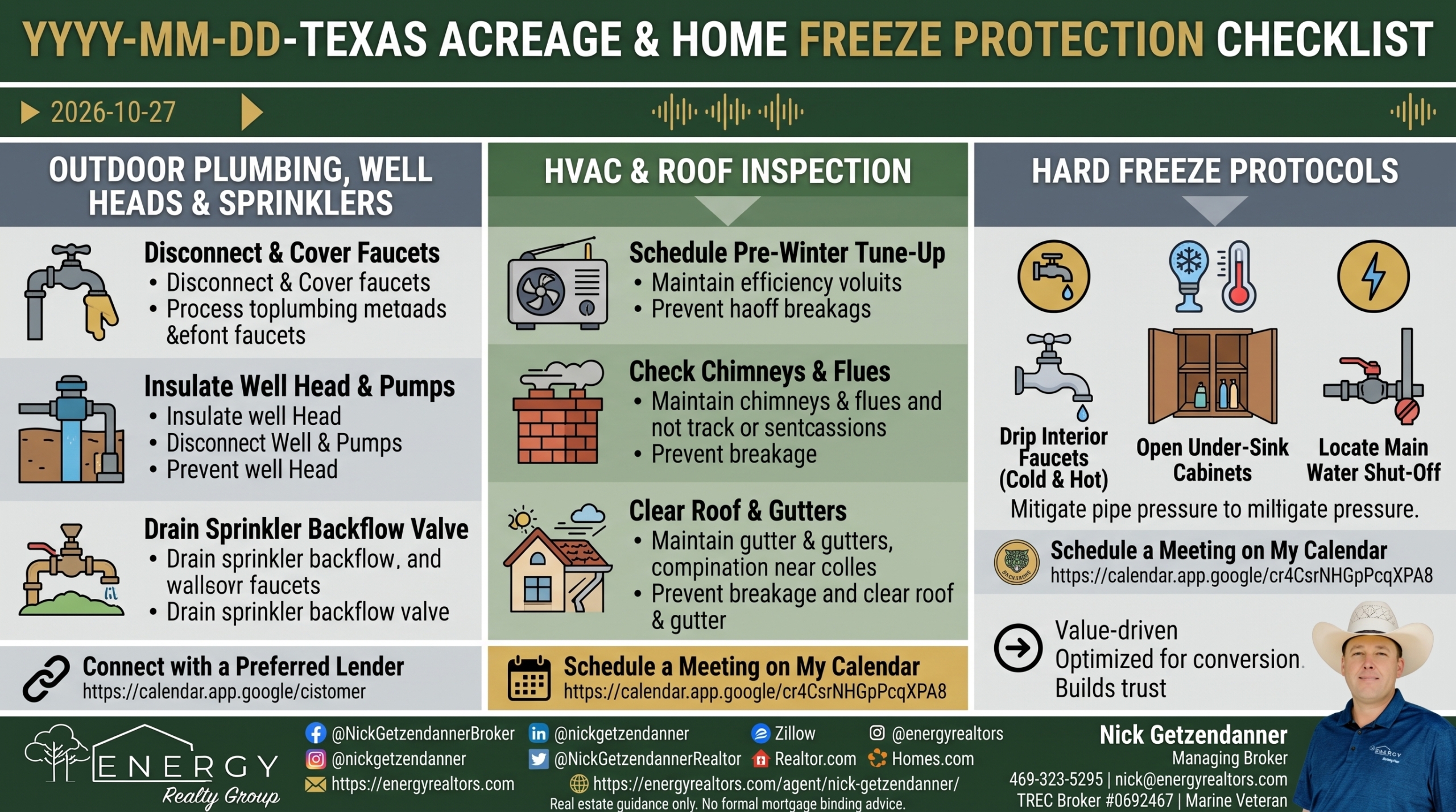 Infographic for Texas Winterization and Freeze Protection Checklist detailing outdoor plumbing care, well house insulation, HVAC maintenance, and hard freeze drip protocols by Nick Getzendanner ENERGY Realty Group